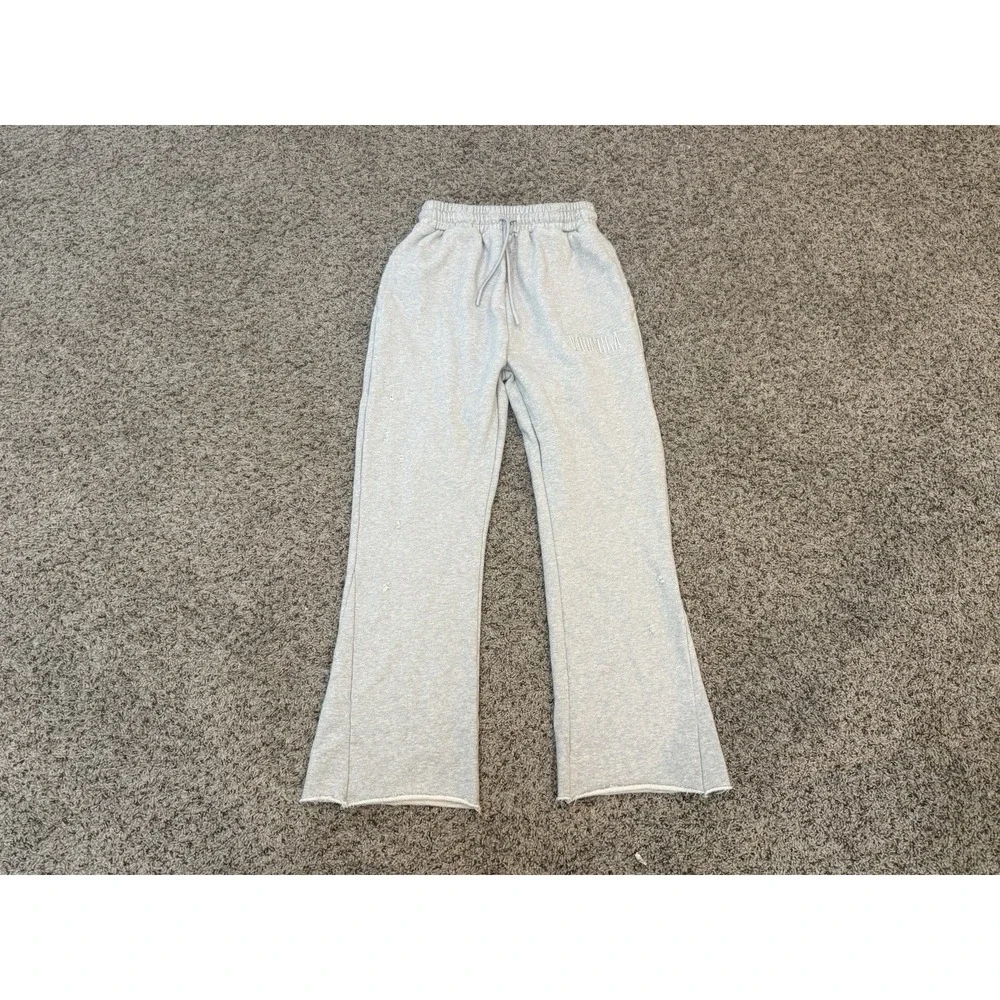 Young LA Sweatpants Women's Medium Gray Drawstring Pockets Flared Distressed